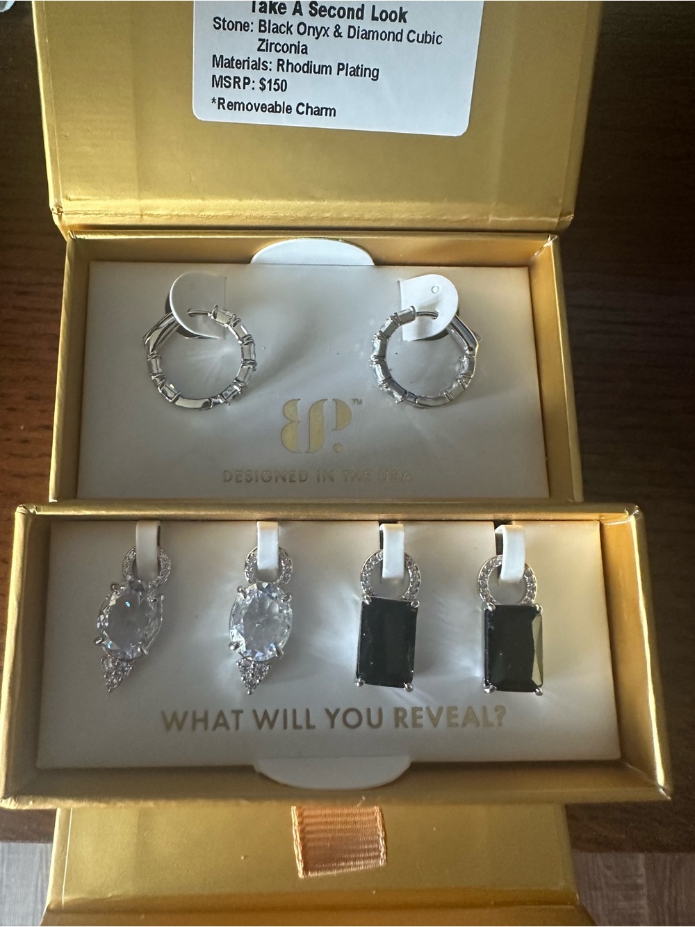 bp Silver-Tone Removable Charm Earring Set with Black Onyx and Clear Stones